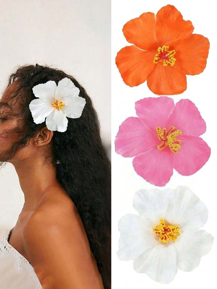 3Pcs Hawaiian Hibiscus Flower Hair Clips, Artificial Tropical Summer Beach Hair Pins For Women Gi... | SHEIN