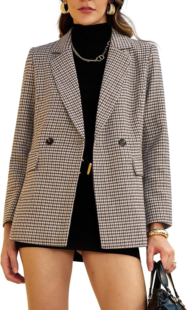 ELLEVEN Women's Oversized Houndstooth Plaid Blazers Full Lining Business Casual Work Office Elega... | Amazon (US)