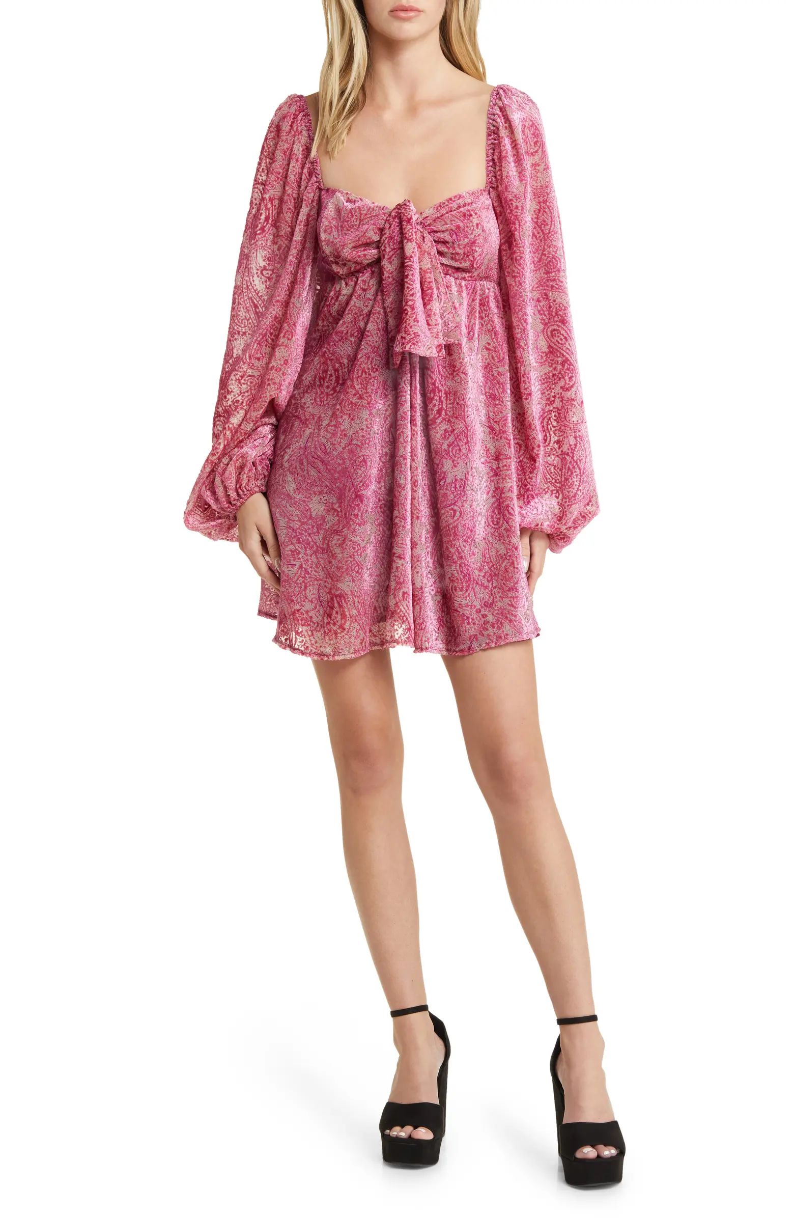 Francesca Paisley Balloon Sleeve Bow Babydoll Dress | Nordstrom