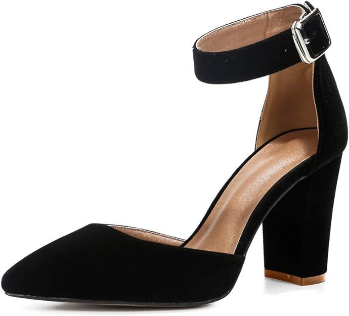 Women's Ankle Strap Pointed-Toe Chunky Block High Heel Dress Pump Shoes | Amazon (US)