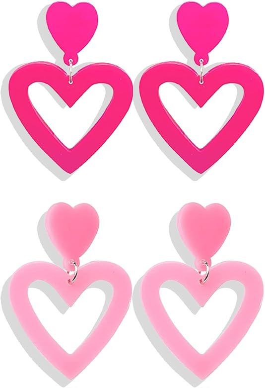 Valentines day earrings for Girlfriend Gifts 2 Pairs Pink Heart Earrings Dangle Earrings Acrylic ... | Amazon (US)