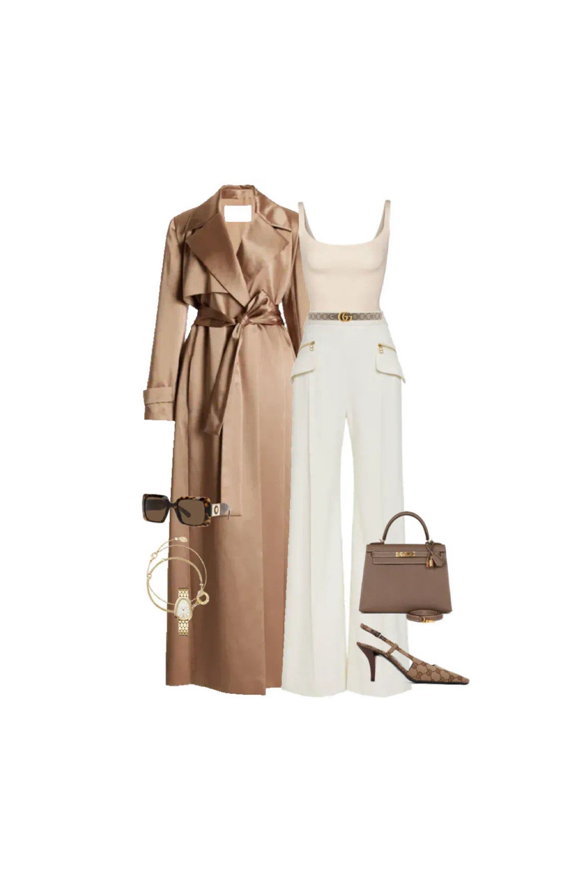 Silk trench coat 
Satin trench coat 
Beige strappy tank top 
Cream trousers 
Brown Kelly dupe 
Gucci heels 
Brown sunglasses 