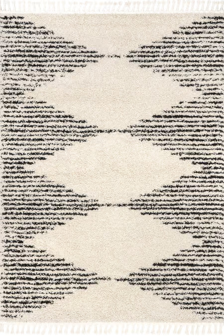 Off White Moroccan Diamond Pinstripes Tassel 2' 6" x 12' Area Rug | Rugs USA