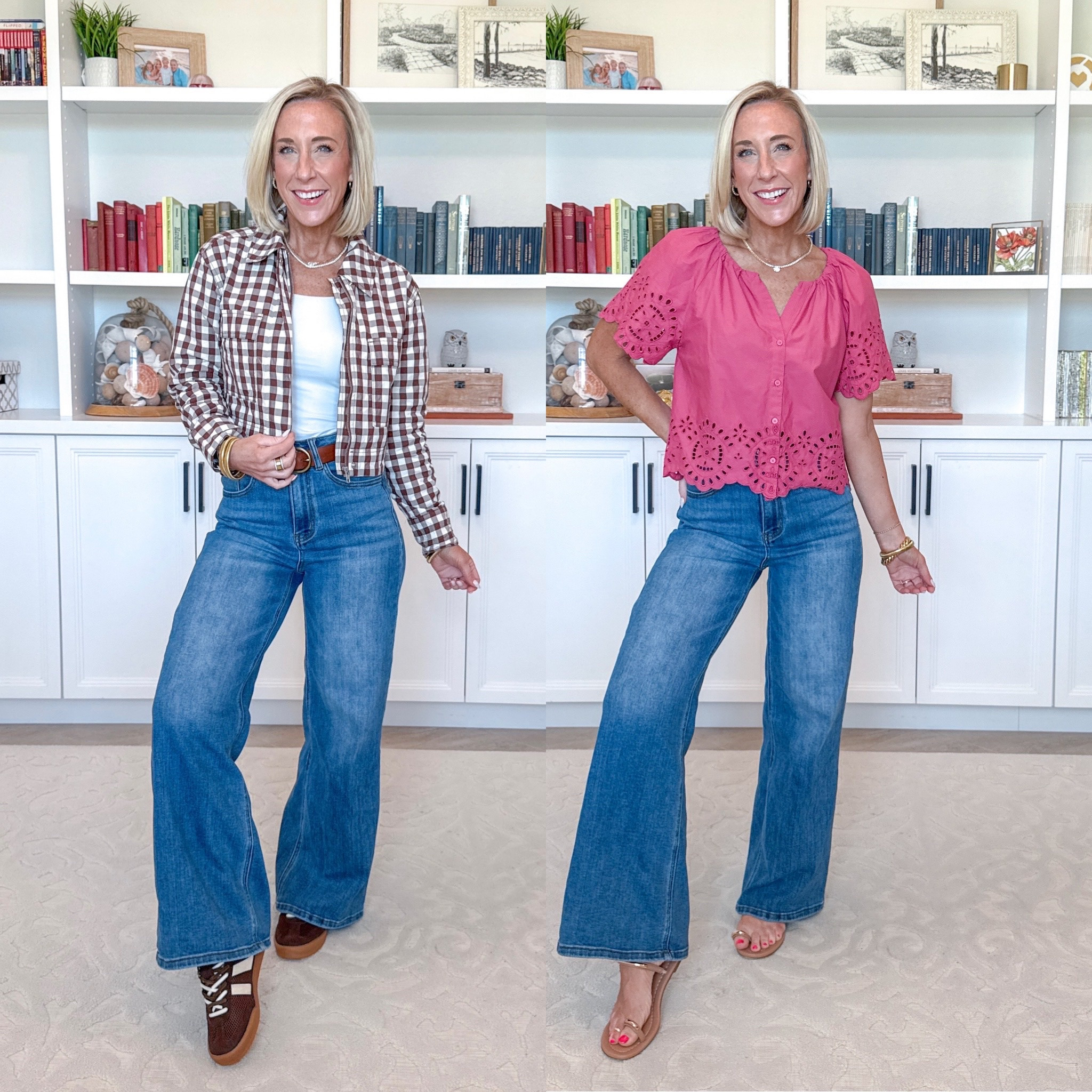 Target - unboxing & style 1. Brown Gingham Cropped Jacket - size XS. $45. 2 colors. 2. Brown Memory Foam Slip On Sneakers - TTS (not Target). 10+ colors. * Wide Leg Jeans - size 25. * White Tank - size small. 3. Pink Short Sleeve V-Neck Button-Front Eyelet Blouse - size XS. $35. 3 colors. 


 

#LTKSeasonal #LTKOver40