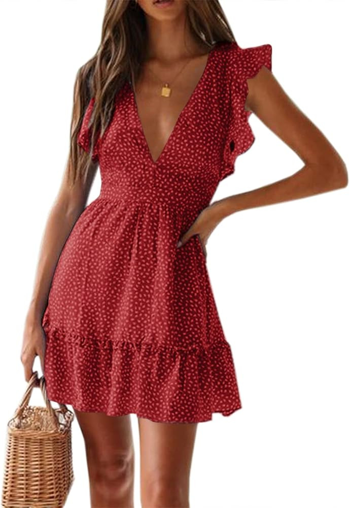 Womens Summer Dress V Neck Boho Floral Smocked Dress Ruffle Flowy Puffy Sleeve Sexy Mini Dresses | Amazon (US)