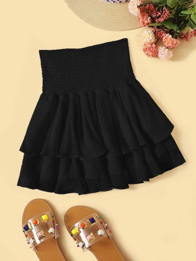SHEIN Smocked High-Rise Flounce Mini Skirt | SHEIN