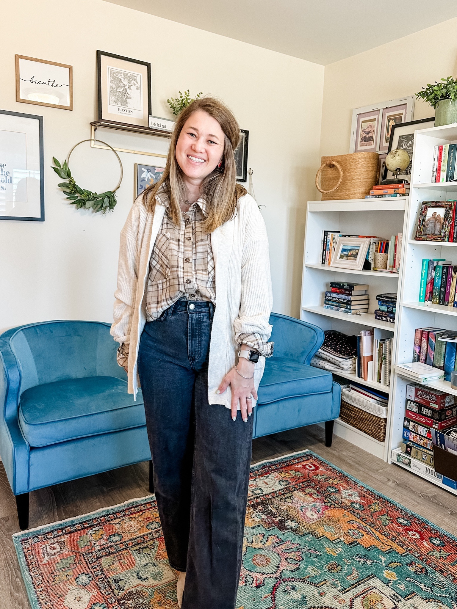 Casual thanksgiving outfit idea, high waisted black jeans, open cardigan and flannel blouse! Casual fit for thanksgiving! 

#LTKfindsunder50 #LTKSeasonal #LTKHoliday