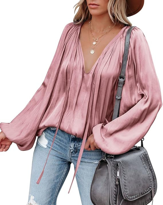 LAMISSCHE Womens Sexy Deep V Neck Blouse Lantern Long Sleeve Chiffon Shirt Oversized Drawstring S... | Amazon (US)