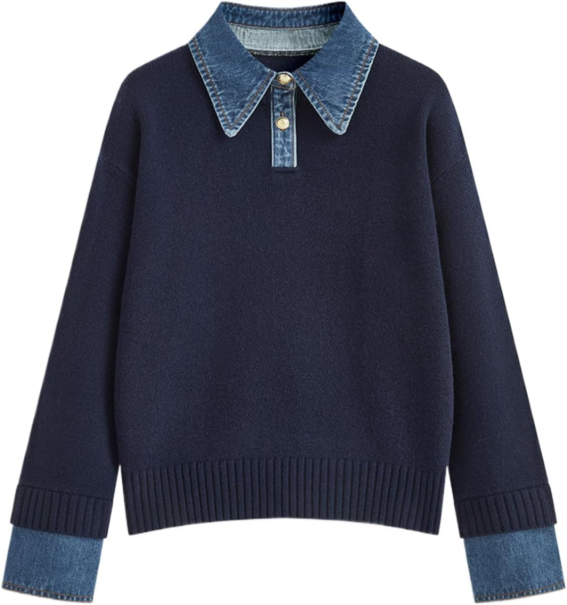 Womens Fall Oversized Long Sleeve Sweaters 2 in 1 Denim Panel Lapel Sweater Polo Knit Sweater Tops | Amazon (US)