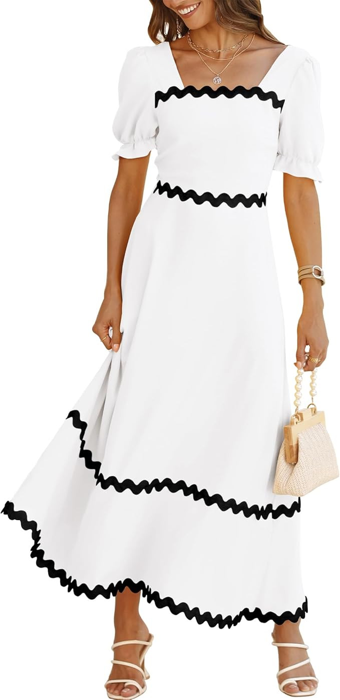 BTFBM Women's 2024 Summer Square Neck Short Puff Sleeve Dress Casual RIC Rac Tie Back Smocked A L... | Amazon (US)