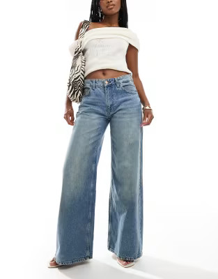 Bershka high waisted wide leg jeans in dirty mid blue wash | ASOS | ASOS (Global)