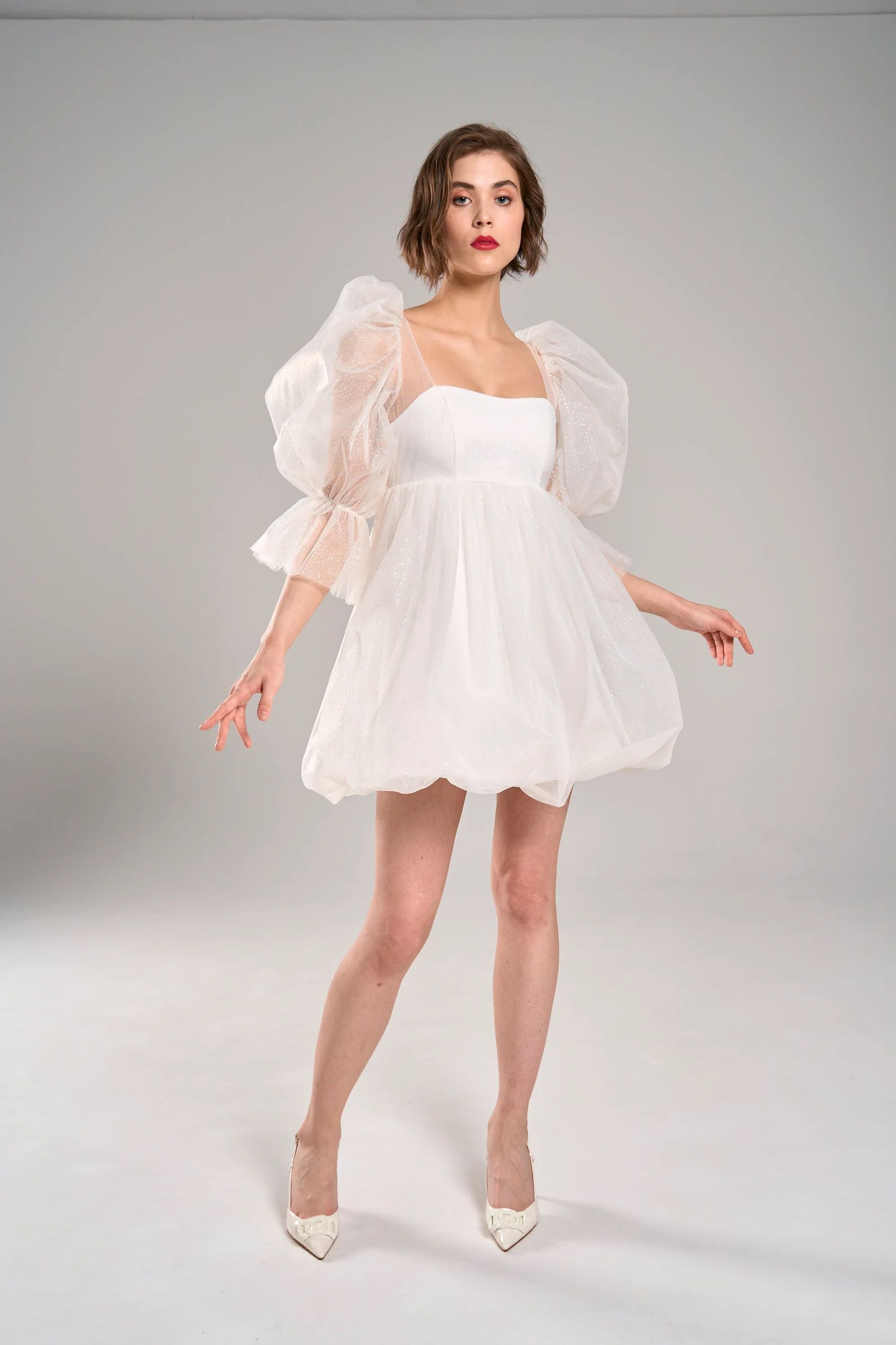 Mini Wedding Dress With Sleeves LESSI. Cocktail Dress Elopement Dress Bridal Shower Dress - Etsy | Etsy (US)