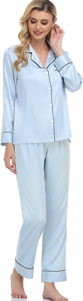 Serenedelicacy Women's Satin Pajama Set Long Sleeve Button Down Sleepwear 2-Piece Striped Silky P... | Amazon (US)