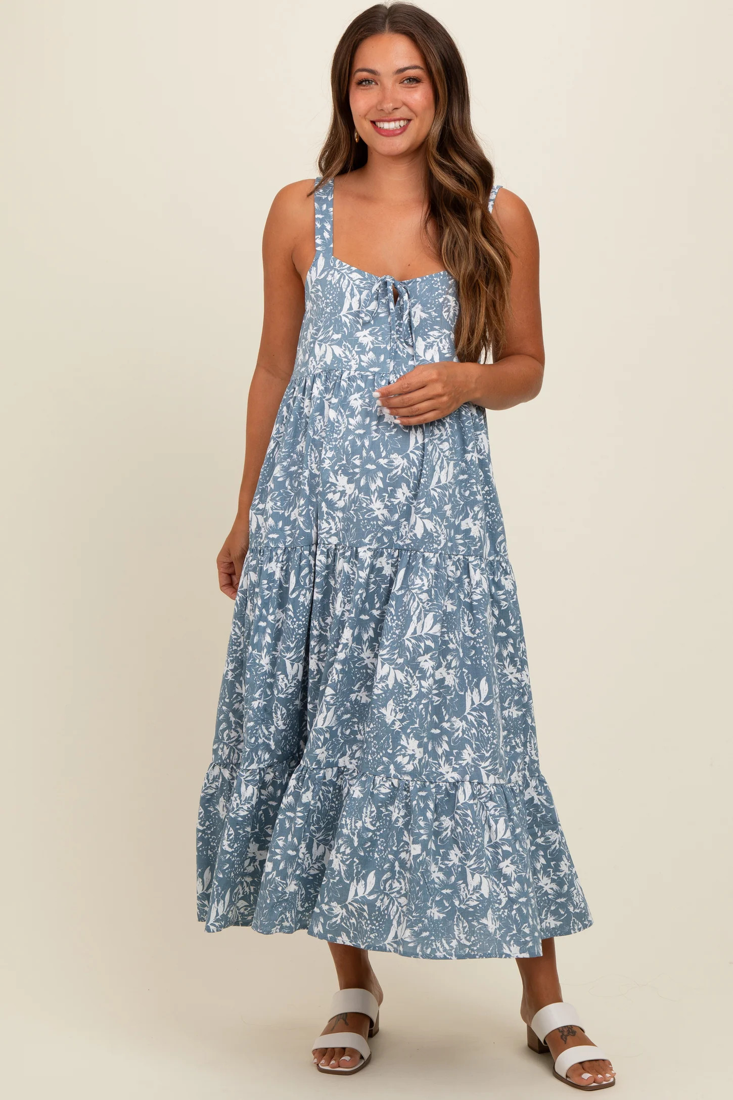 Blue Floral Tiered Maternity Midi Dress | PinkBlush Maternity