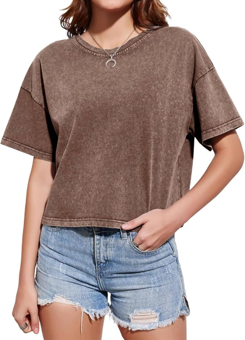Cotton Loose Crop Tops for Women Acid Wash Cropped T Shirts Trendy Vintage Basic Tees Casual Shor... | Amazon (US)