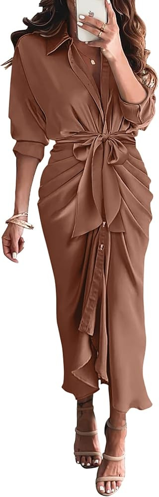 BTFBM Summer Dresses for Women 2025 Long Sleeve Lapel V Neck Button Down Elegant Belted Ruched Sa... | Amazon (US)