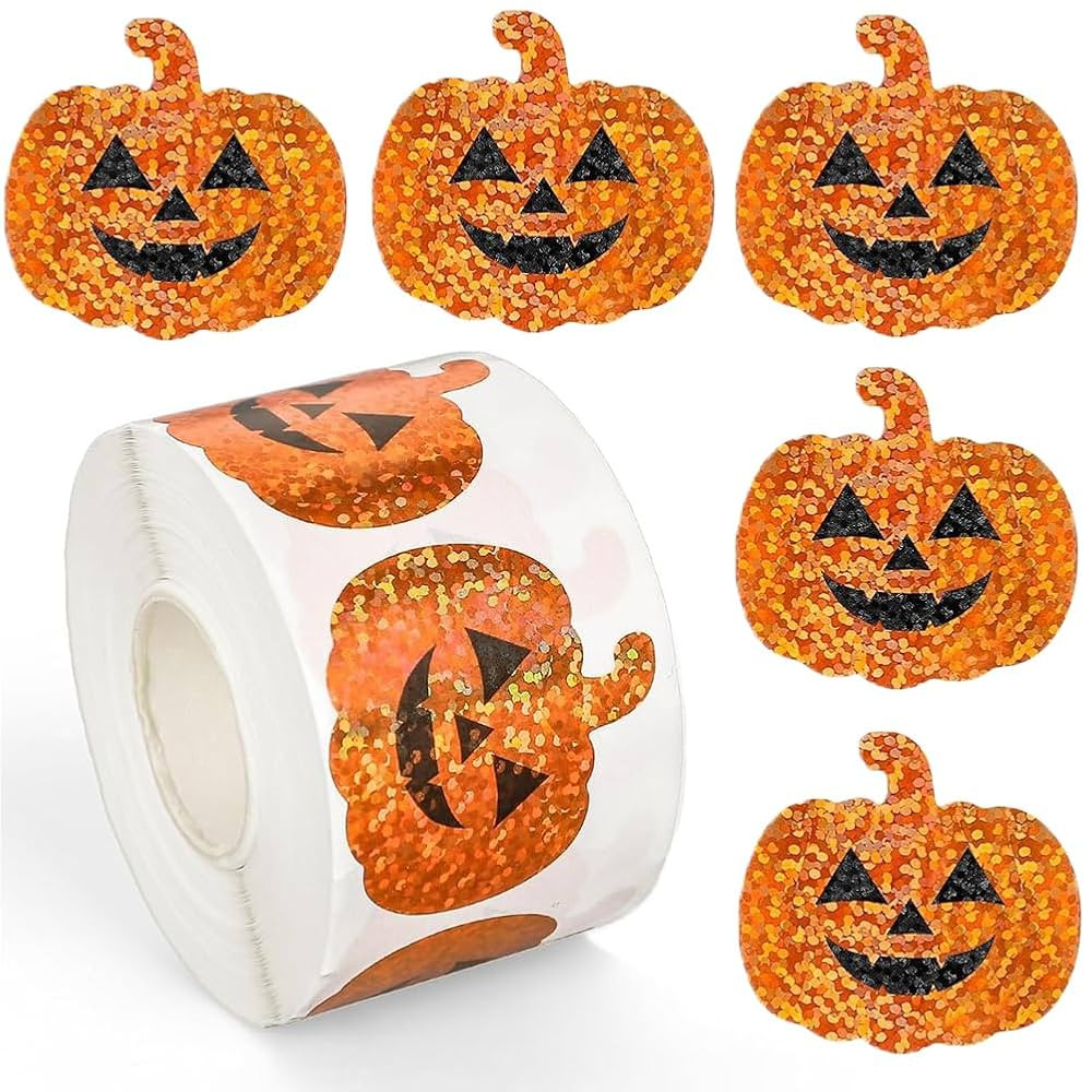 500Pcs Halloween Pumpkin Stickers Roll 1.2in Laser Smiling Pumpkin Shape Waterproof Decals Orange... | Amazon (US)