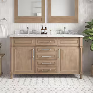 Home Decorators Collection Aberdeen 60 in. Double Sink Antique Oak Bath Vanity with Carrara Marbl... | The Home Depot