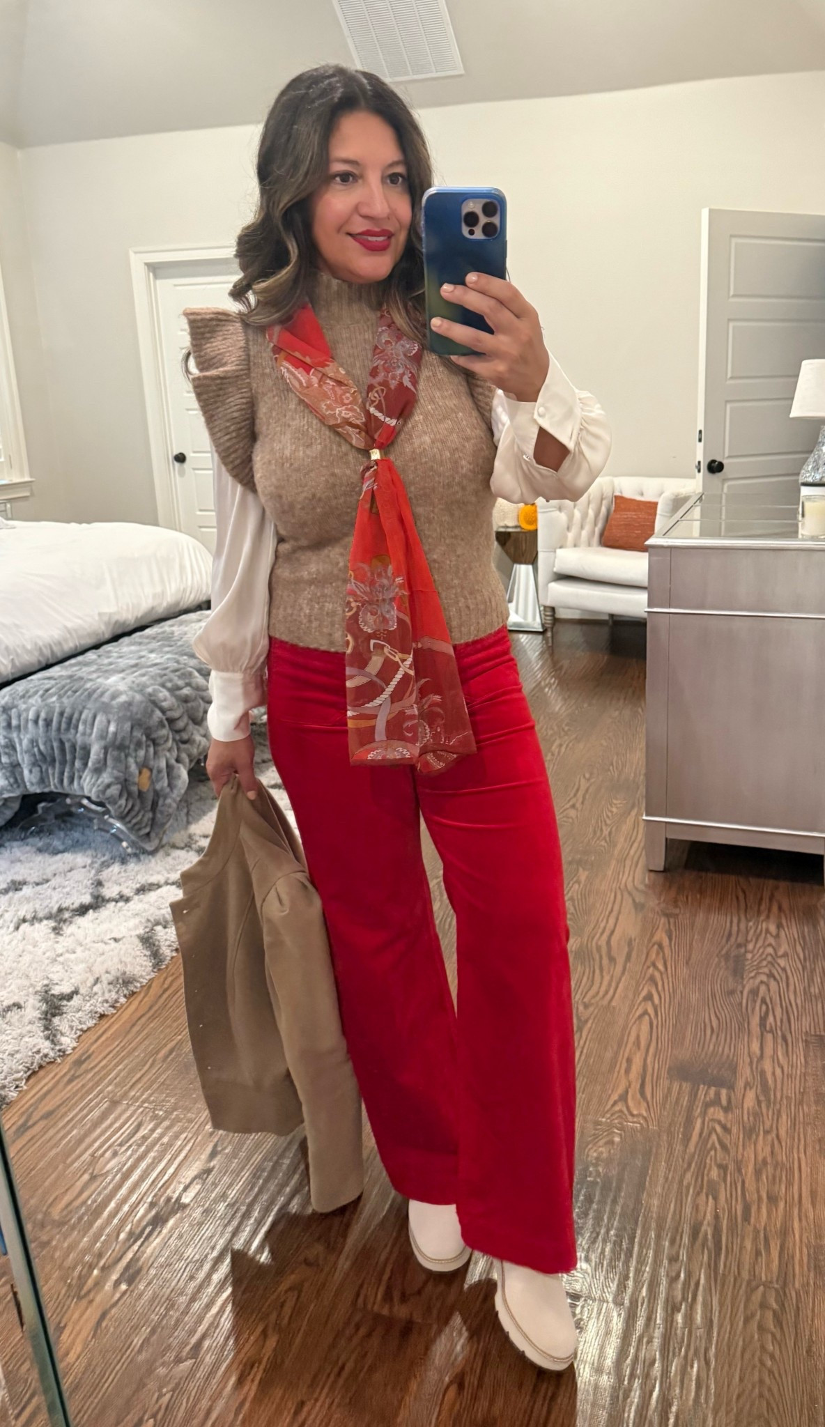 Fall colors can be fun! I love the modern spin on these red velvet pants. 

And I’ve said it before, I’m learning how to “scarf,” so bear with me! 🤪

I’m wearing my usual Jean size in the pants. 

#LTKSeasonal #LTKTravel #LTKHoliday