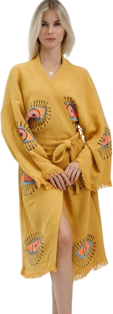 100% Turkish Cotton Evil Eye Kimono Robe – Hand Printed Caftan Beach Cover Up – Boho Festival... | Amazon (US)