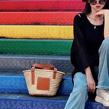 Straw Basket Tote Bag for Women PU Leather Strap Hollow Woven Top Handle Straw Purses and Handbag... | Amazon (US)