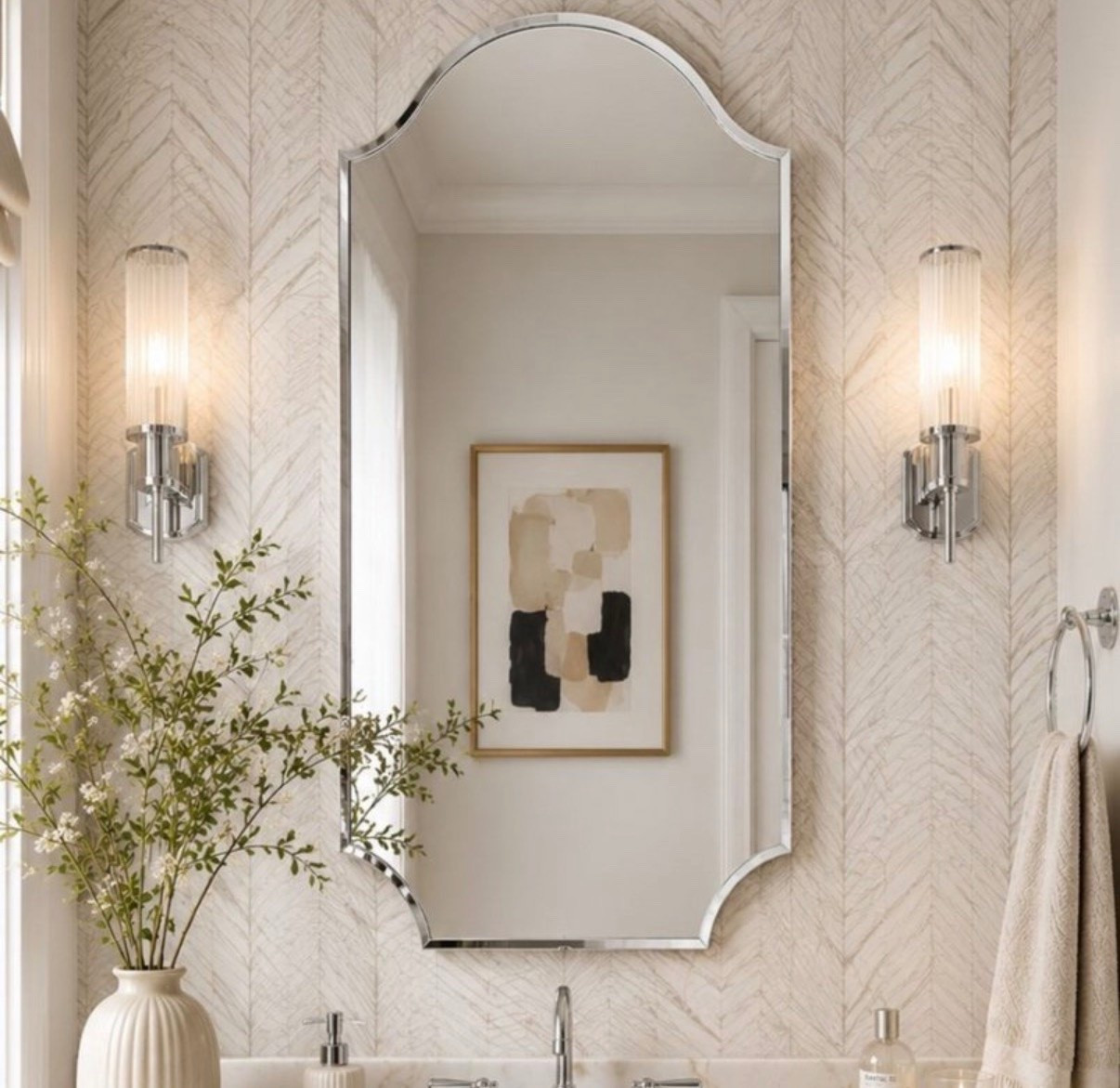 TEHOME 24x40" Scalloped Polished Nickel
Bathroom Vanity Mirror, Silver Metal Framed Bathroom Mirror

#LTKHome