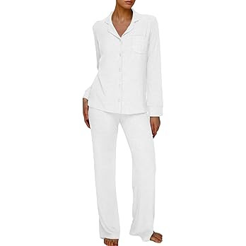 AnotherChill Women's Pajamas Set Long Sleeve Button Down Ribbed Knit 2 Piece Sleep Sets Loungewea... | Amazon (US)