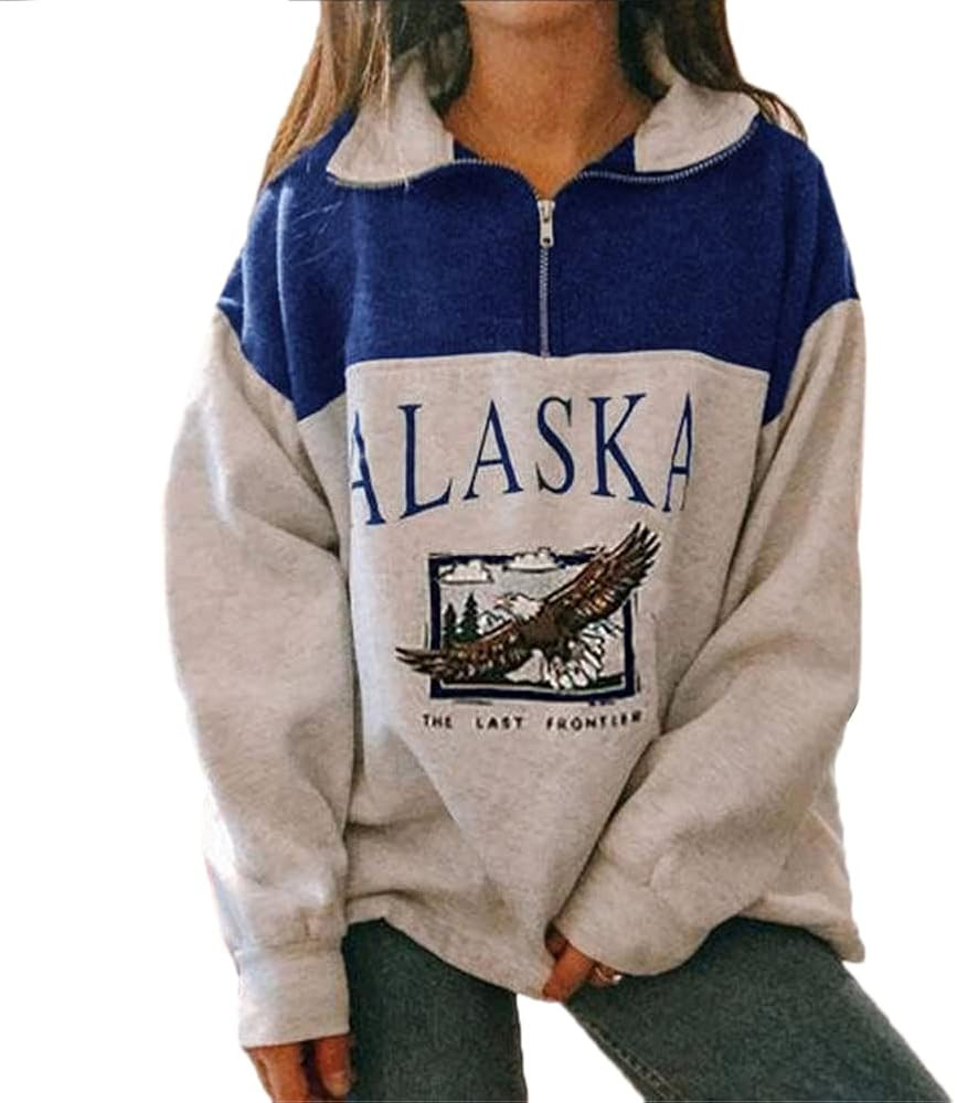 YANOOLH Women Novelty ALASKA Letter Print Sweatshirt Vintage Zipper Long Sleeve Loose Lapel Hoodi... | Amazon (US)