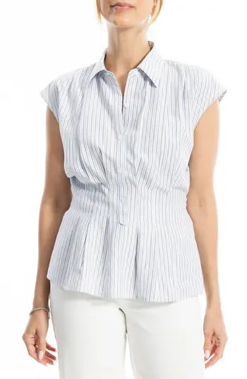 MAX STUDIO Pin Tuck Pleat Button Front Shirt in Blue/White/Brown Stripe at Nordstrom Rack, Size Large | Nordstrom Rack