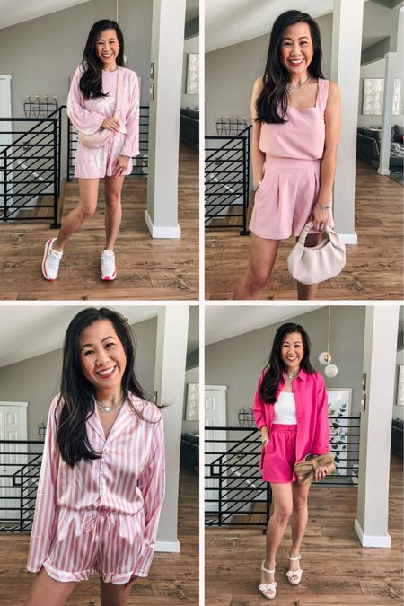 Pink matching sets
Pink pajamas 

Coordinated summer set
Casual summer attire
Beach day outfit
Effortless style
Stylish mom outfits
Easy summer fashion
Relaxed summer wear
Warm weather essentials
Trendy mom looks
Simple summer chic
Matching set
Loungewear 