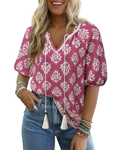 Vivilli Summer Tops for Women, Blouses for Women Casual Trendy Tops Chic Floral Cute Blouses Bohemian Tassels V Neck Flowy Tunic Short Sleeve Shirts Cotton Linen Shirt Beach Clothes Fuchsia L | Amazon (US)