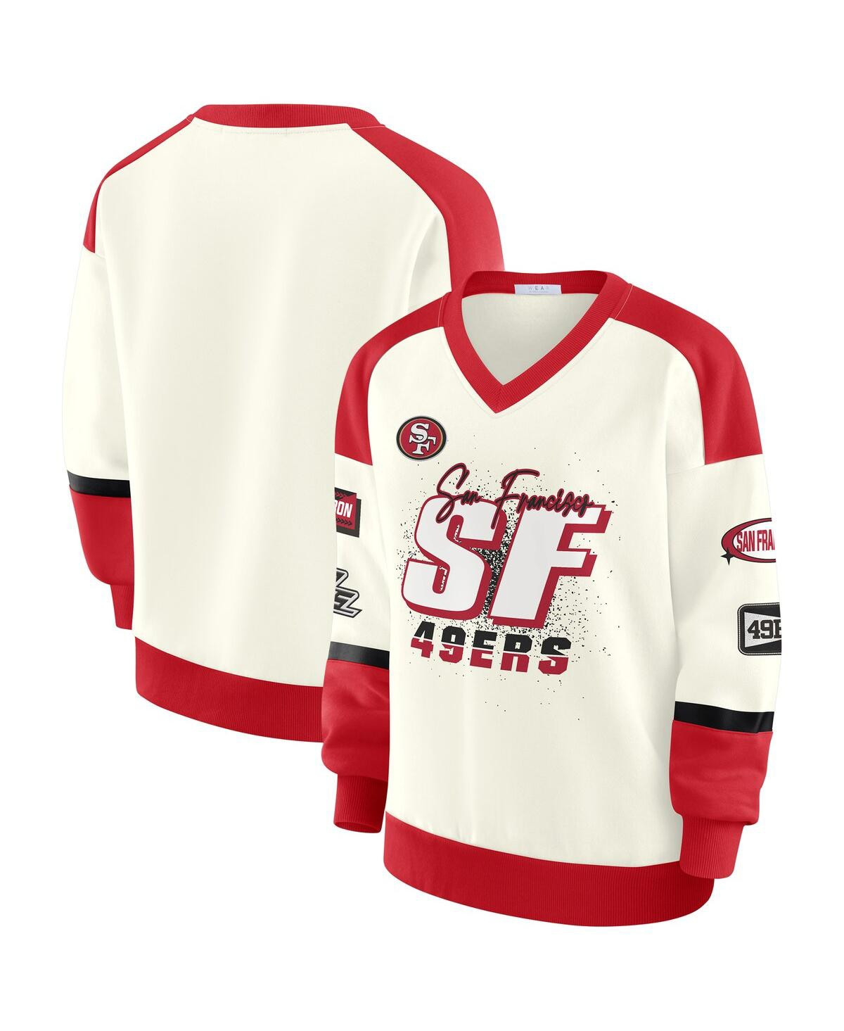 Wear by Erin Andrews Women's Cream San Francisco 49ers Racing Crew V-Neck Sweatshirt - Cream | Macy's