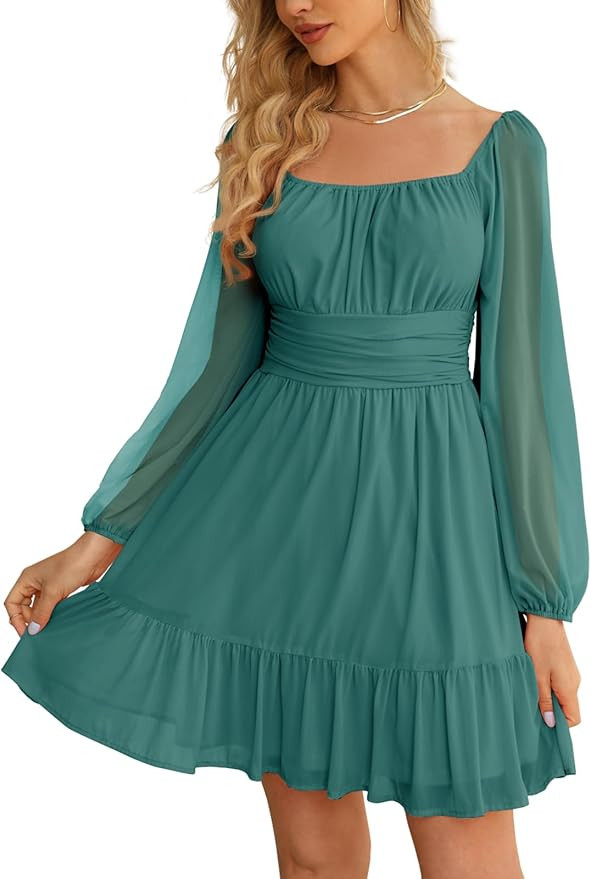 Wenrine Women's Mesh Long Sleeve Square Neck Dress High Waist A Line Ruffle Hem Flowy Casual Part... | Amazon (US)