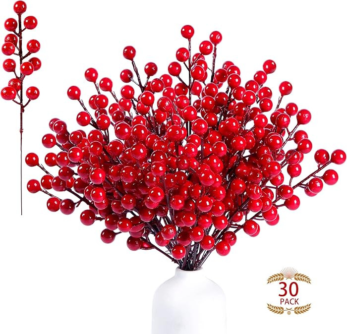Sggvecsy 30 Pack Artificial Red Berry Stems 8.9inch Christmas Red Berry Picks Holly Berry Branche... | Amazon (US)
