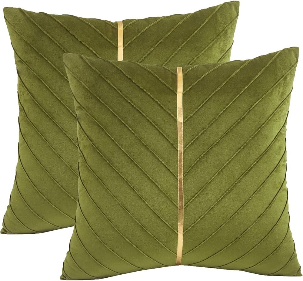 Tosleo Olive Green Velvet Throw Pillow Covers 20x20 Pack of 2 with Gold Leather,Decorative Couch ... | Amazon (US)