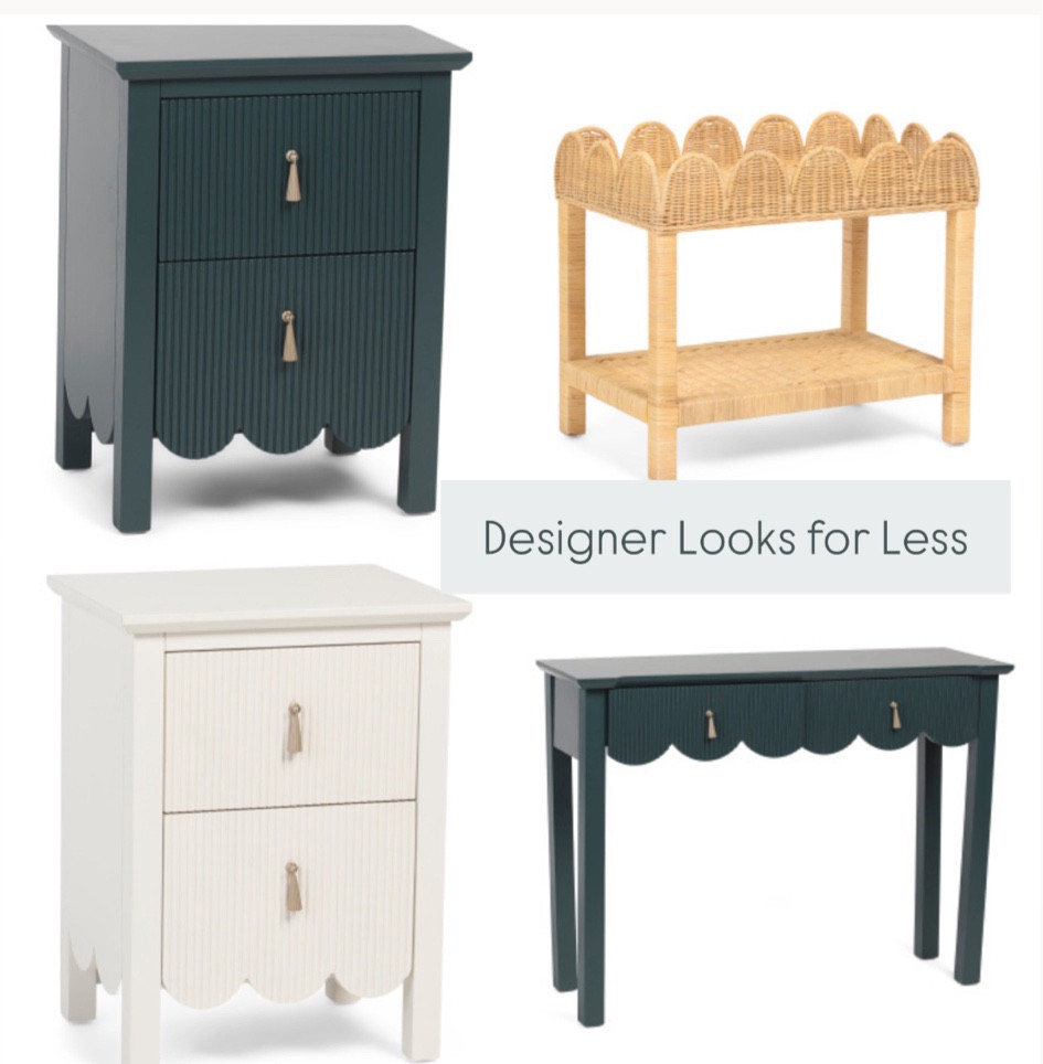 Scallop side table and console 
Looks designer 
Looks for less 
Lillian August 
Tjmaxx 
Marshall’s 
Homegoods 
Serena and lily looks 
Society Social looks 