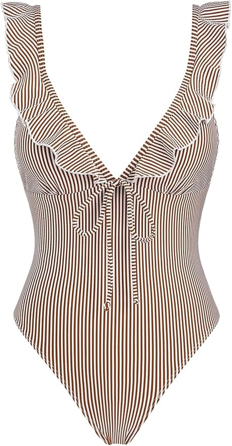 seamoly Vintage Striped Ruffles Trim Tied Plunging Neck One-Piece Swimsuit | Amazon (US)