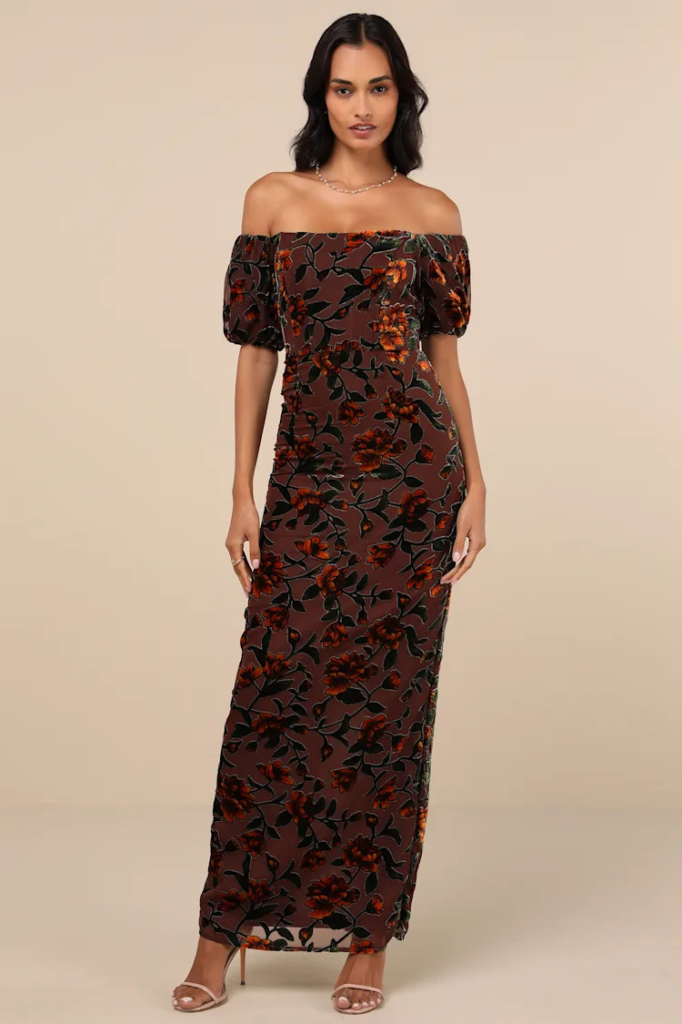 Confidently Impressive Brown Velvet Off-the-Shoulder Maxi Dress | Lulus