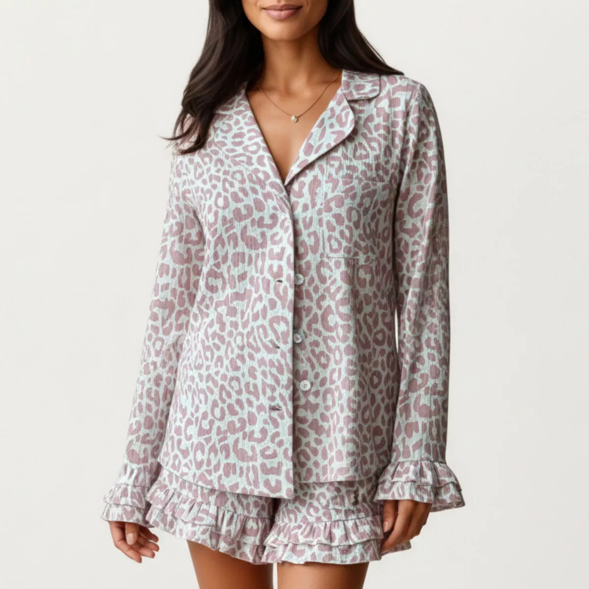 Anna-Kaci Lounge Women's Button-Down Leopard Print Pajama Set with Ruffled Hem Shorts - Small, Pi... | Target