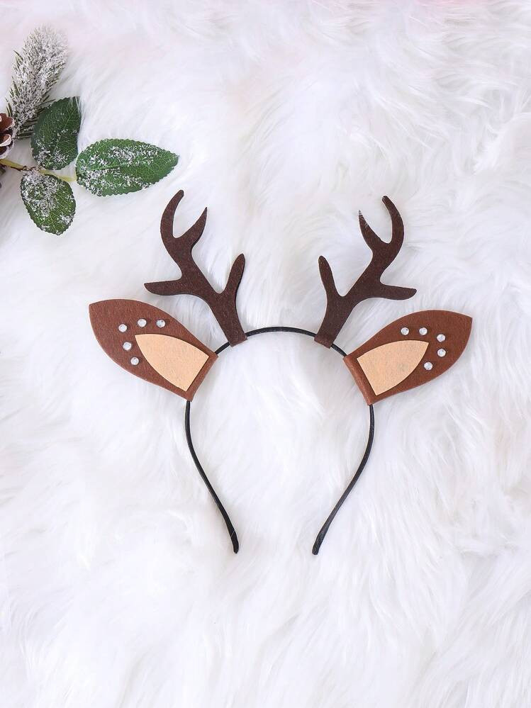 1pc Cute Brown Reindeer Antler Rhinestone Accented Reindeer Ear Headband With Pom Pom, Children Christmas Holiday Party Accessory | SHEIN