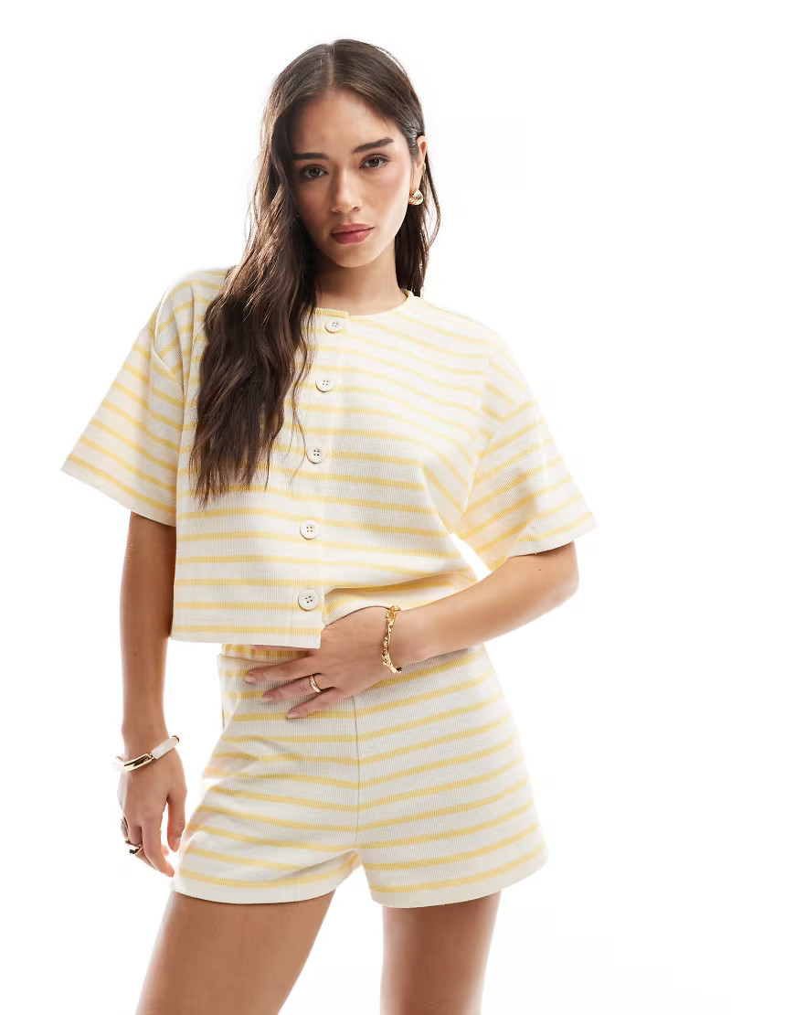 Miss Selfridge ribbed button up stripe short sleeve cardigan in butter-Yellow | ASOS (Global)