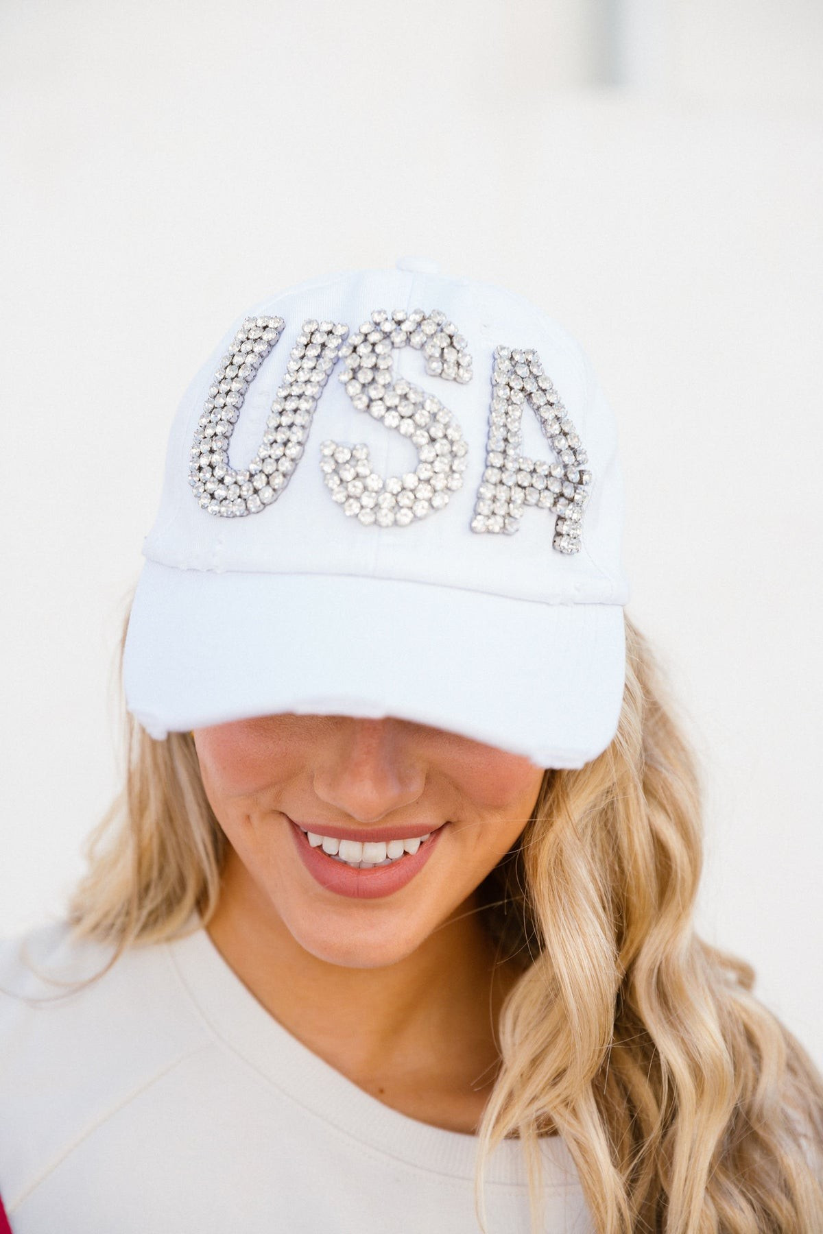 USA BEDAZZLED WHITE HAT | Judith March