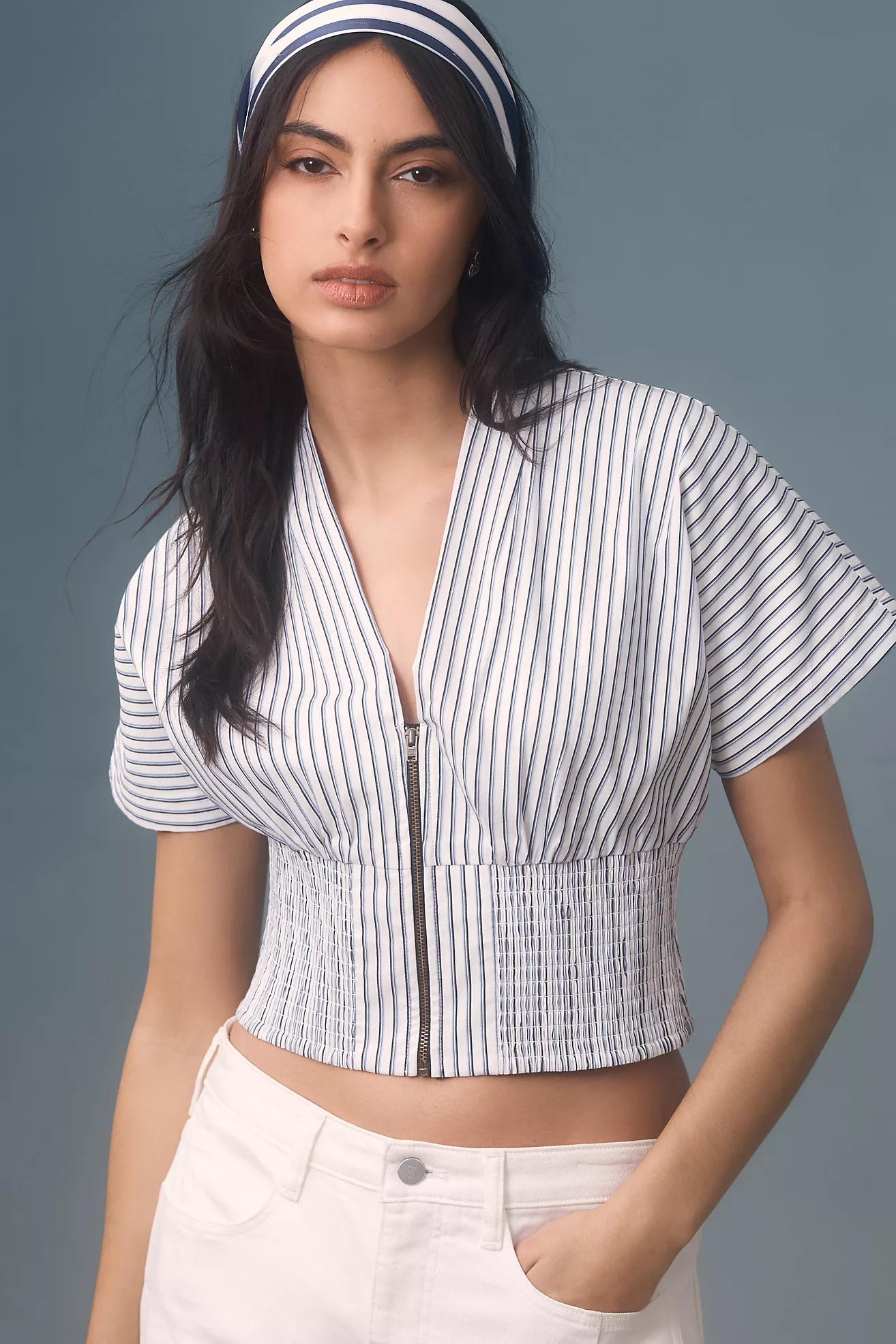 The Tommie Cap-Sleeve Smocked Front-Zip Blouse | Anthropologie (US)