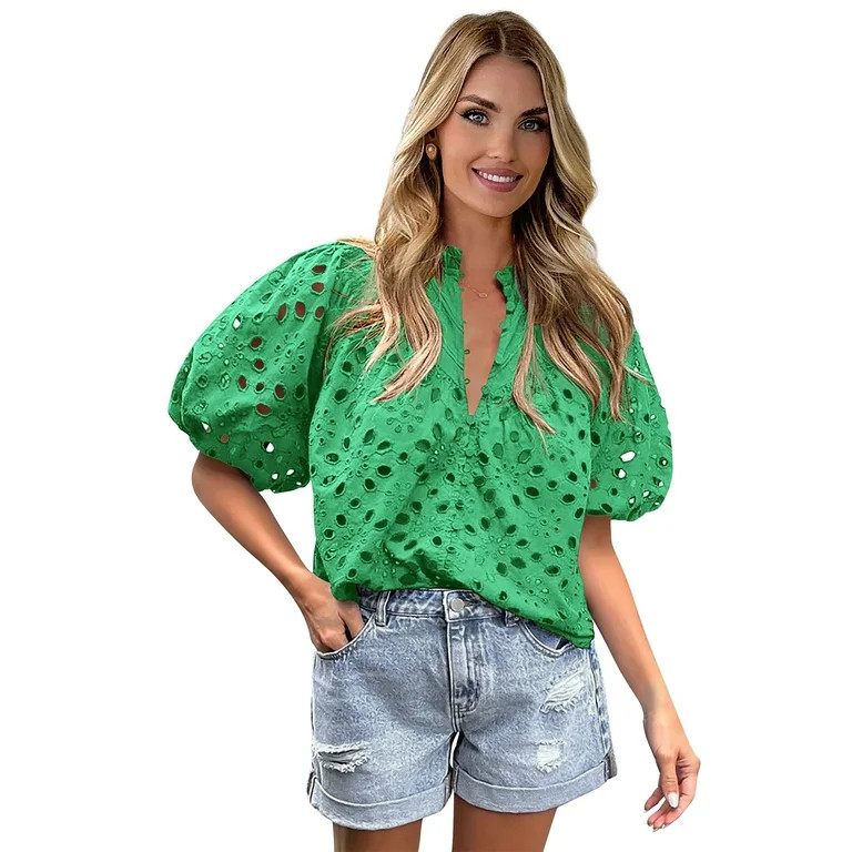 PRETTYGARDEN Women's Cotton Eyelet Blouse with Puff Sleeves, Sizes S-XXL - Walmart.com | Walmart (US)