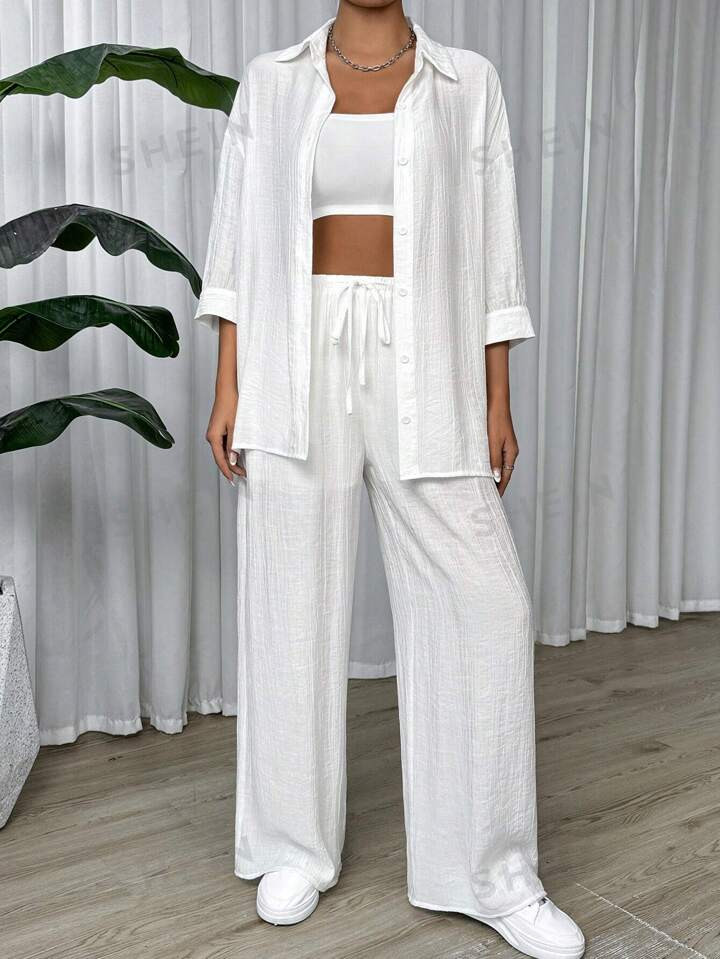 SHEIN EZwear Women Solid Color Simple Daily Lined Pants Set Of 2 | SHEIN