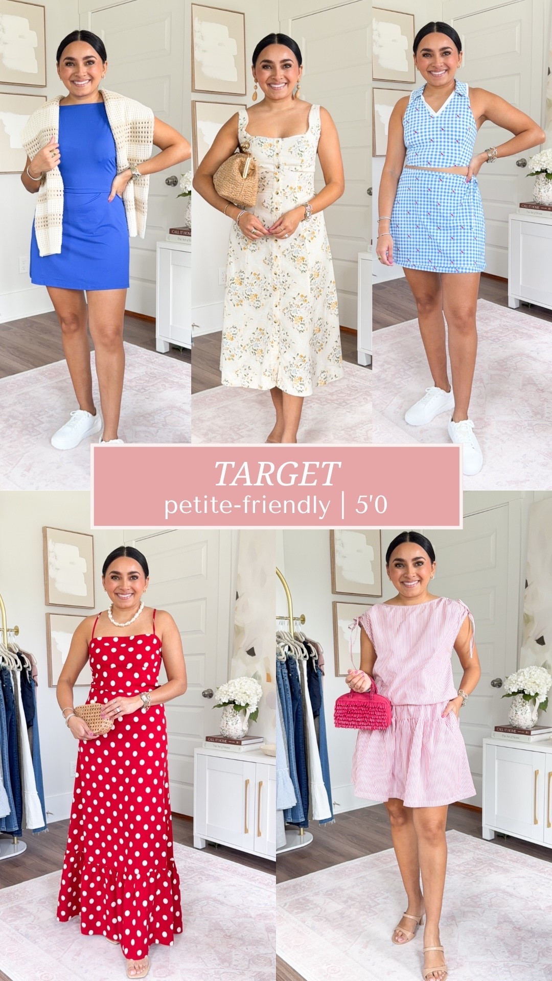 Target Summer Try On!
For reference: I’m 5’0, petite, 32b bra size, and 2/26 in bottoms, pear shaped. 
*Everything I share is unaltered! TTS means true to size. Between size 5-6.5 in shoes

Navy gingham dress size xs TTS
Navy cardigan size xxs TTS

Red polka dot dress size xs TTS length is long, I’m wearing heels!
Clear heels size 5 TTS


Blue crochet top size xs TTS
Blue crochet shorts size xs TTS
Clear sandals size 5.5 TTS

Red pink stripe top size xs TTS
Red pink stripe skirt size xs TTS
Tan heels size 5 TTS

Blue active dress size xs TTS
Crochet sweater size xs - sleeves are long on me
White sneakers size 6.5 TTS

Gingham cherry top size xs TTS
Gingham cherry skort size small, runs big - should have gone with size xs!
White sneakers size 6.5 TTS

Summer outfits
Summer dresses
Beach vacation outfits
Vacation outfits beach

#LTKootd #LTKgrwm #LTKPetite