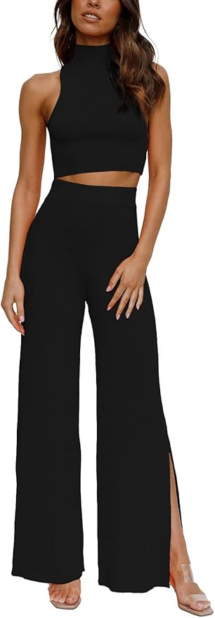 ARTFREE Womens 2 Piece Outfits Sets Casual Sweatsuits Streetwear, Ribbed Knit Palazzo Wide Leg Pa... | Amazon (US)