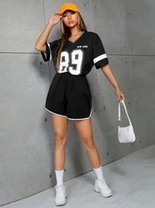 SHEIN Letter & Colorblock Graphic Drop Shoulder Tee & Track Shorts Set
   SKU: sw2111253807886181... | SHEIN