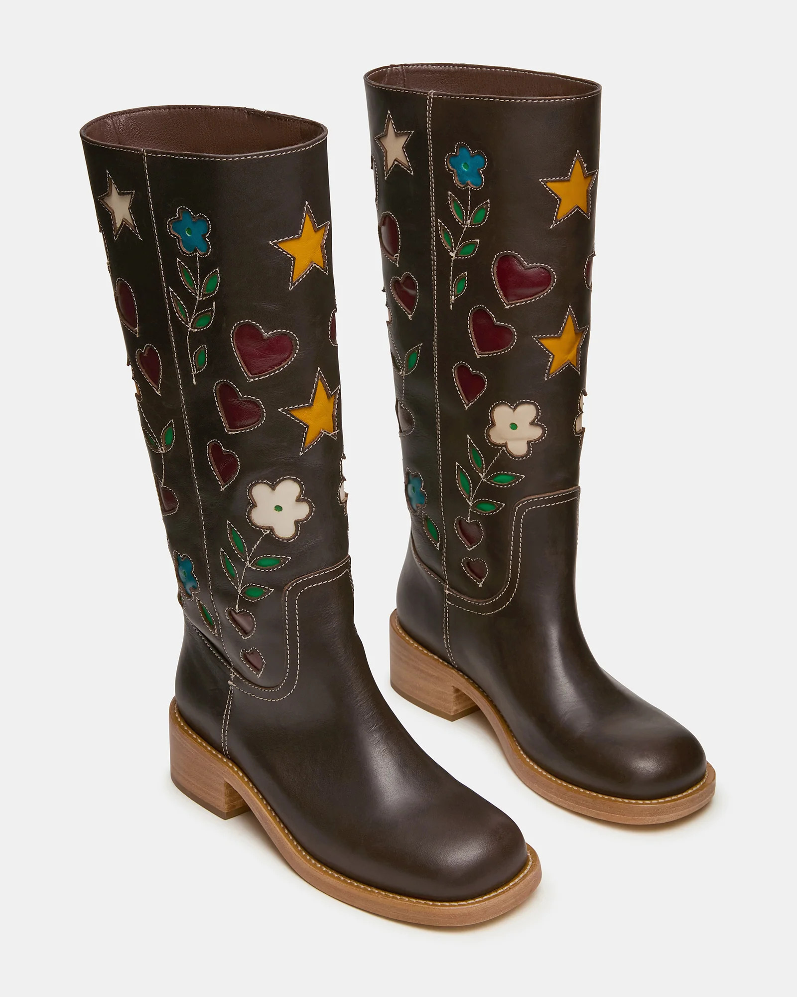 RIGGS Floral Brown Leather Square-Toe Women's Boot | Steve Madden (US)