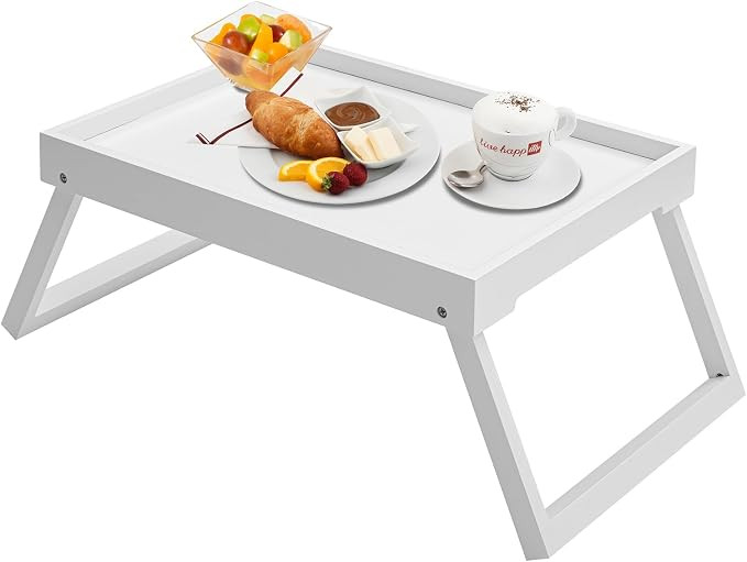 Bamboo Bed Tray Table with Foldable Legs, Breakfast Tray (White) | Laptop Desk with Folding Legs ... | Amazon (US)